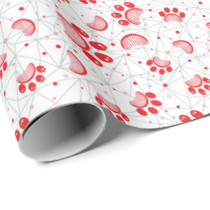 Paw Print and Grooming Comb Pattern in Red Colour Wrapping Paper