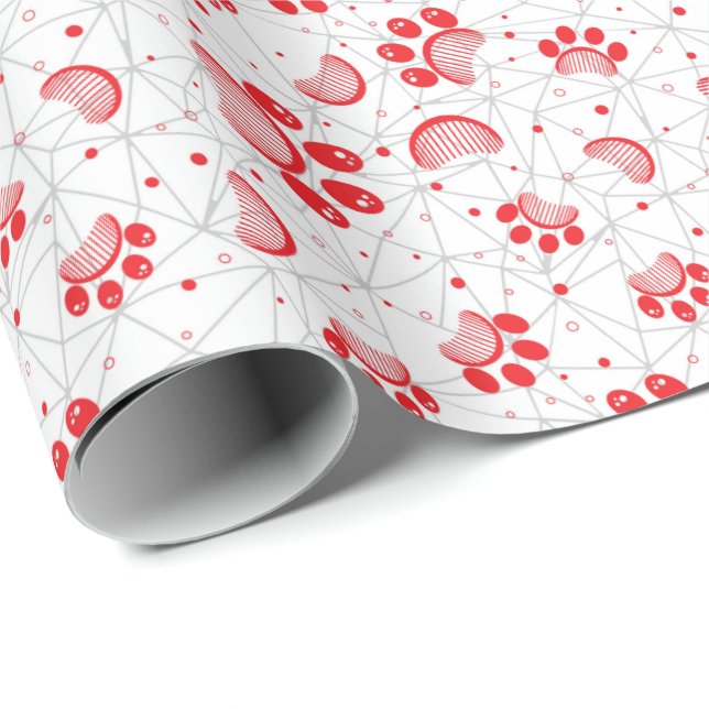 Paw Print and Grooming Comb Pattern in Red Colour Wrapping Paper (Roll Corner)