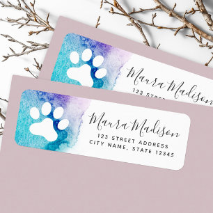 Paw print aqua purple watercolor return address