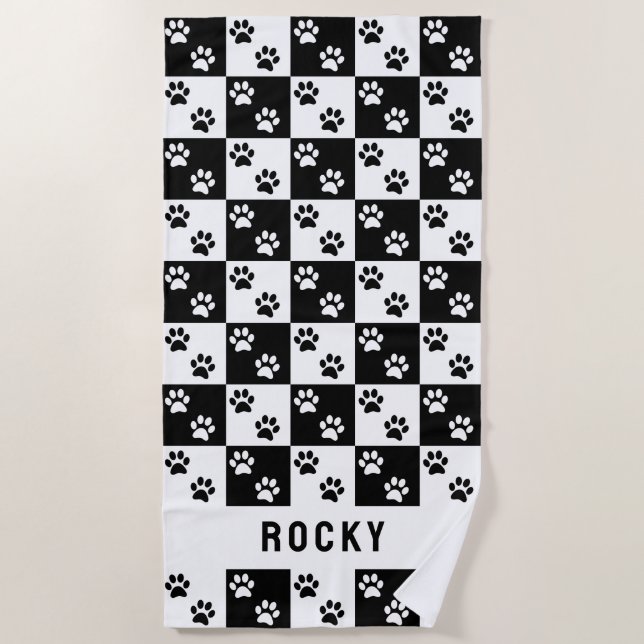 Paw print black and white check pattern with name beach towel (Front)
