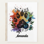 Paw Print Boho Watercolor Planner<br><div class="desc">Paw print watercolor in an abstract Boho style with paint splashes of colour embellished with leaves, orange yellow teal and purple colours, this is a great design for cat owners and dog owners and pet lovers in general. Personalise this notebook with your name! You can change the font as well...</div>