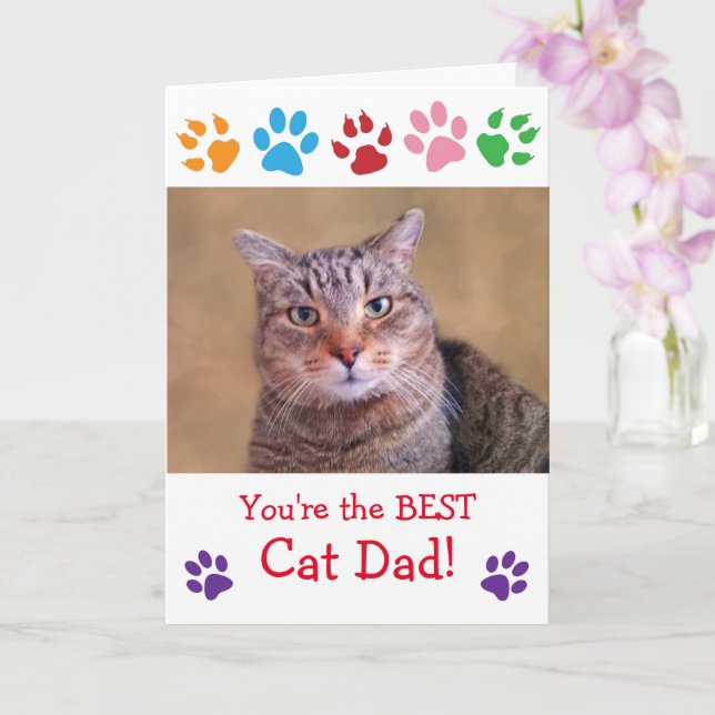 Paw Print Cat Dad Photo Birthday Card (Orchid)