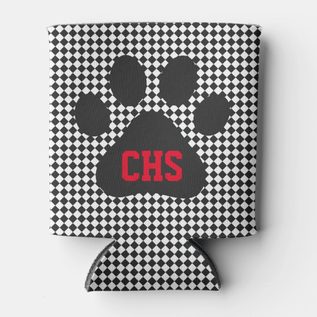Paw Print Chequerboard School INITIALS Team Colour Can Cooler (Front)