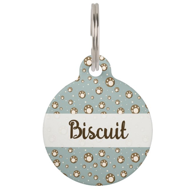 Paw Print Cookies Green Pattern Monogram Pet Tag (Front)