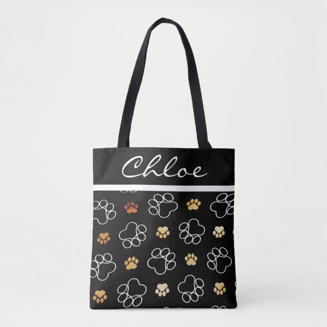 Paw Print Dog Cat Black Customise Name Tote Bag (Front)