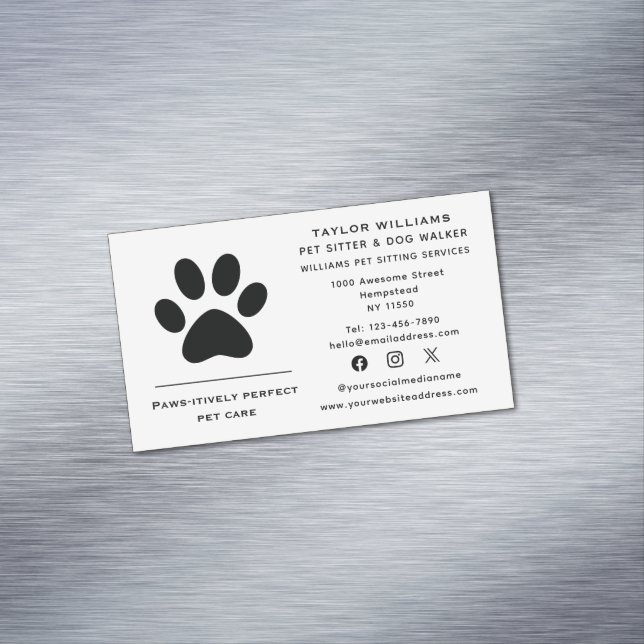 Paw Print Dog Walker Cat Pet Sitter Social Media Magnetic Business Card (In Situ)