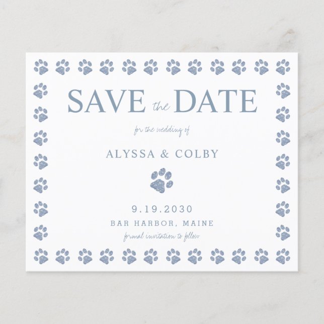 Paw Print Dusty Blue Glitter Wedding Save The Date (Front)