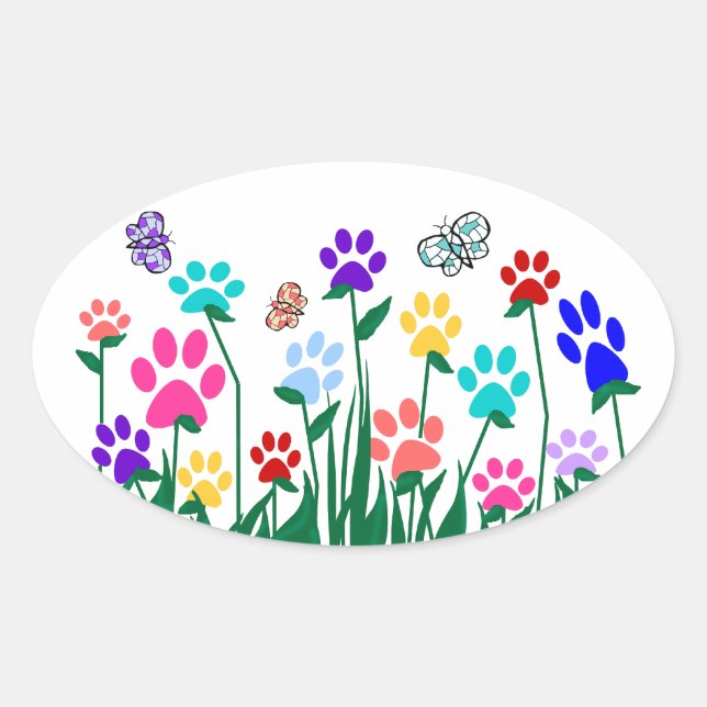 Paw print flower garden Mass Production Oval Sticker (Front)
