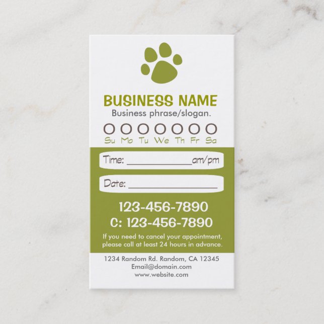 Paw print green veterinarian appointment cards (Front)