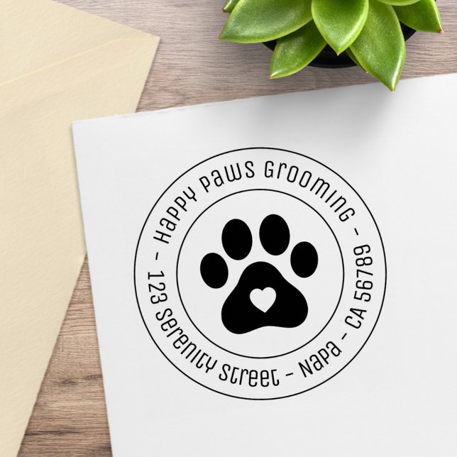Paw Print Grooming Business Heart Round Address Rubber Stamp (Creator Uploaded)