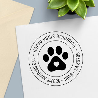 Paw Print Grooming Business Heart Round Address Self-inking Stamp