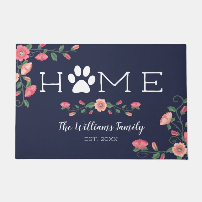 Paw Print Home - Floral - Family Name Doormat (Front)