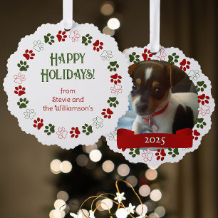 Paw Print in Christmas Colours Photo Template Tree Decoration Card
