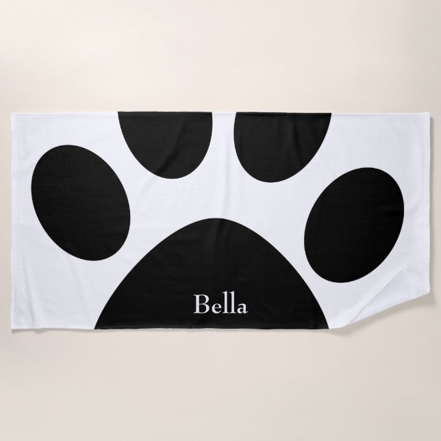 Paw Print Large Pattern Black White Custom Name Beach Towel (Front)
