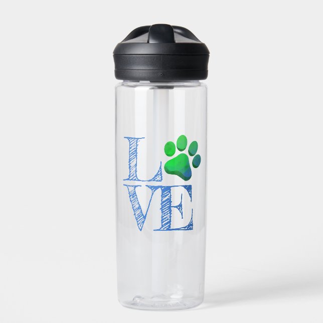 Paw Print LOVE Blue Green Family Pet Fun Water Bottle (Front)