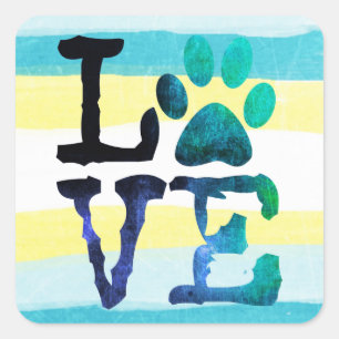 Paw print Love Dog Teal and Yellow Heart Stickers