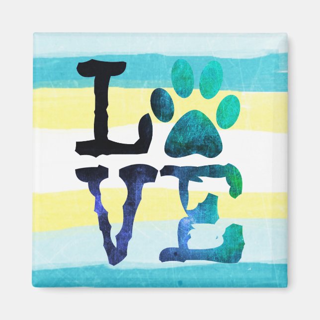 Paw print Love Dog Teal and Yellow Magnet (Front)
