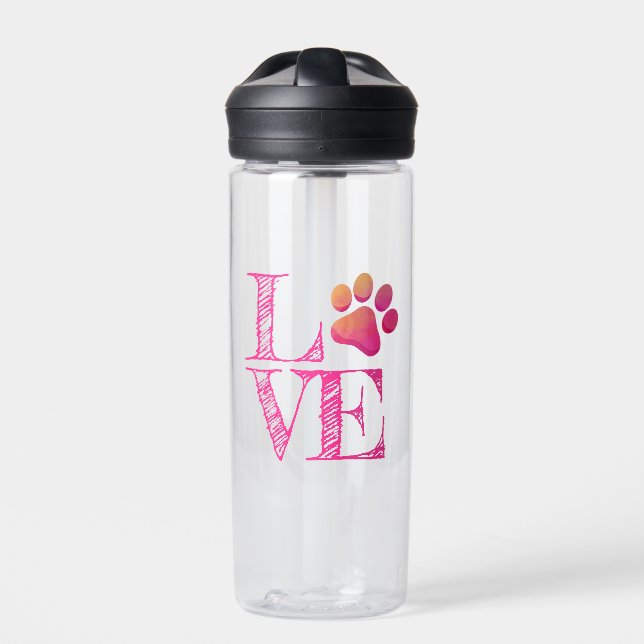 Paw Print LOVE Pink Orange Fun Family Pet  Water Bottle (Front)