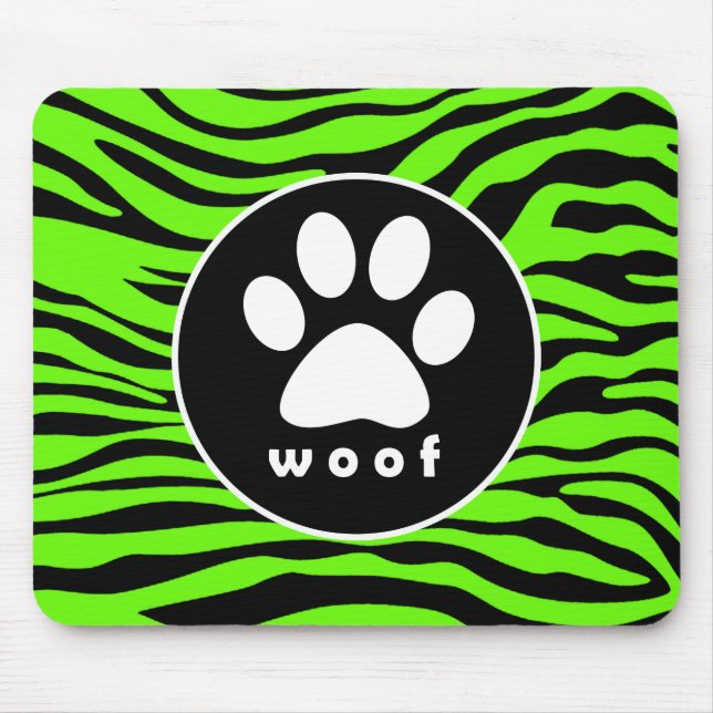 Paw Print on Bright Neon Green Zebra Stripes Mouse Mat (Front)