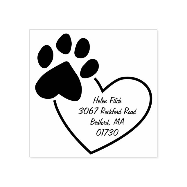 Paw Print On Heart Return Address Rubber Stamp (Imprint)