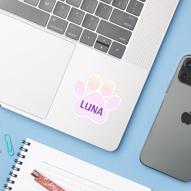 Paw Print Pastel Rainbow Polka Dots With Name (Laptop w/ iPhone)