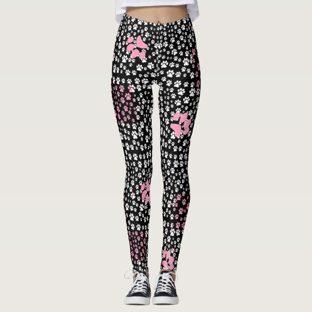 Paw print pattern 01.b Black BG Leggings (Front)