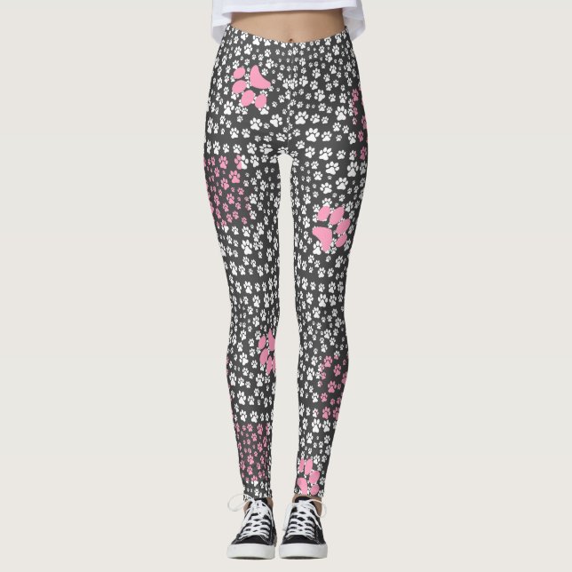 Paw print pattern 01.b DGrey BG Leggings (Front)
