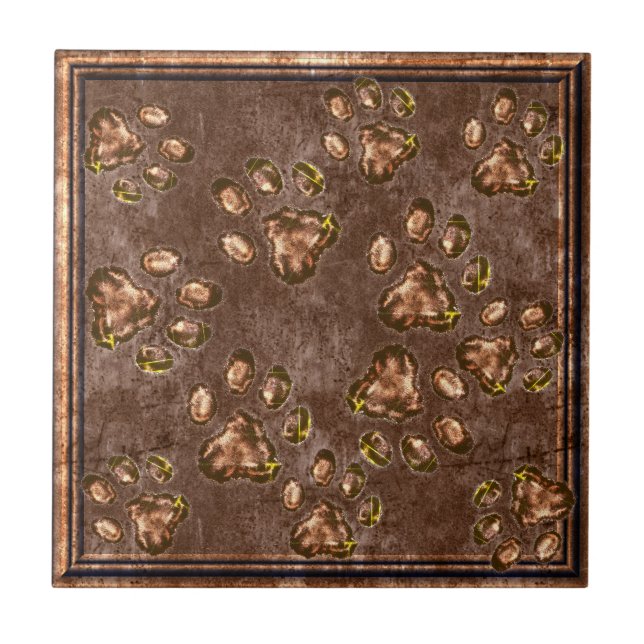 Paw Print Pattern Bronze Brown Framed Tile (Front)