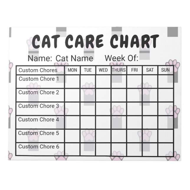 Paw Print Pattern Cat Care Chore Chart Notepad (Front)