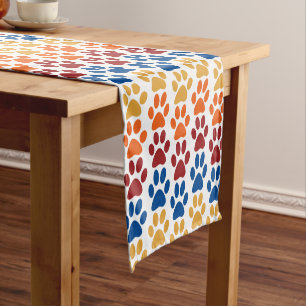 Paw Print Pattern in Red, Blue, Yellow, Orange Short Table Runner