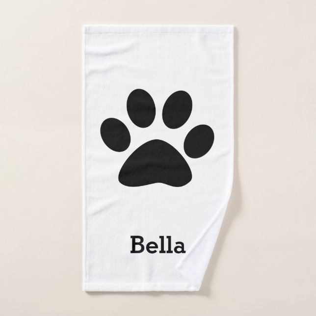 Paw Print Pattern Monogram Name Custom Black White Bath Towel Set (Hand Towel)