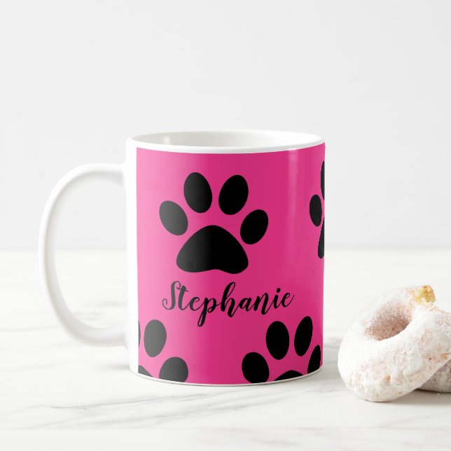 Paw Print Patterns Black Pink Cute Monogram Name Coffee Mug (With Donut)