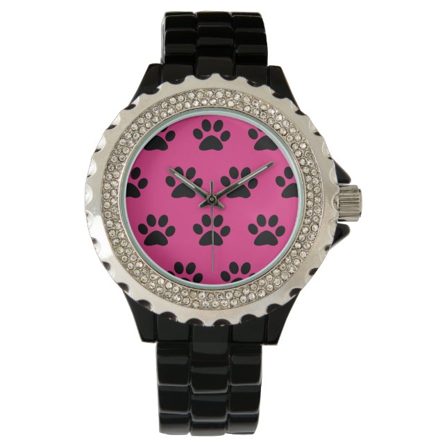 Paw Print Patterns Black Pink Cute Stylish Girly Watch (Front)