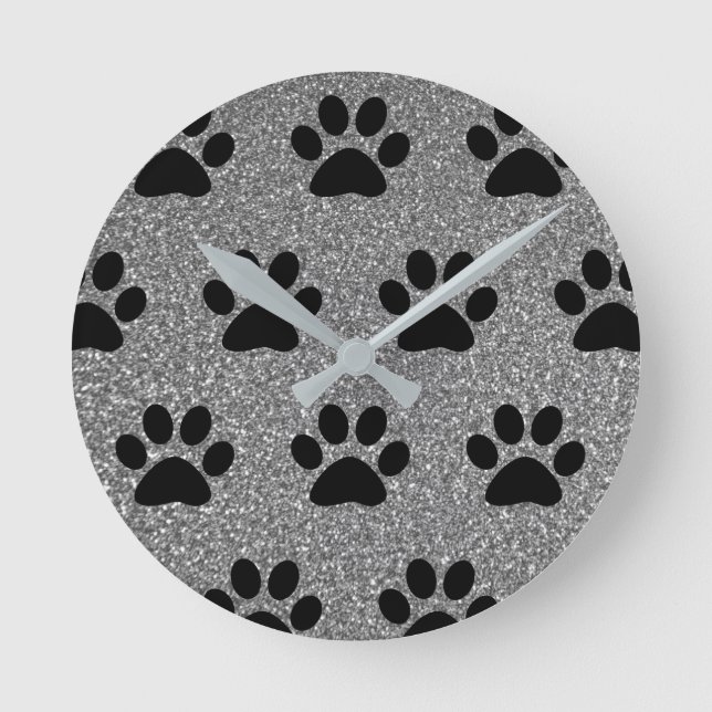 Paw Print Patterns Black Silvery Grey Glitter Cute Round Clock (Front)