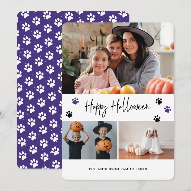 Paw Print Pet Photo Collage Purple Halloween Card (Front/Back)