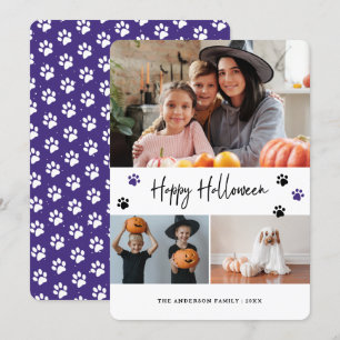 Paw Print Pet Photo Collage Purple Halloween Card