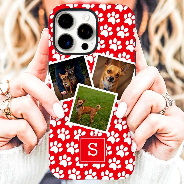 Paw Print Pet Photo Collage Red Monogram Case-Mate iPhone Case (Creator Uploaded)