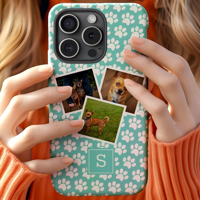Paw Print Pet Photo Collage Teal Monogram Case-Mate iPhone Case (Creator Uploaded)