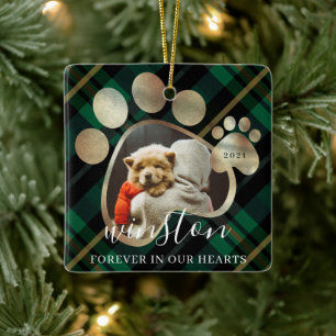Paw Print Pet Photo Green plaid Pet Name Memorial Ceramic Ornament