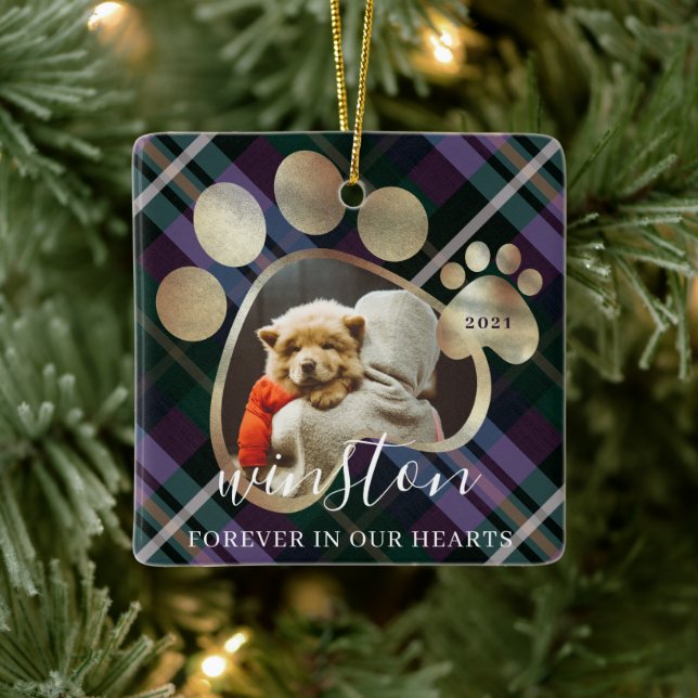 Paw Print Pet Photo Purple plaid Pet Name Memorial Ceramic Ornament (Tree)