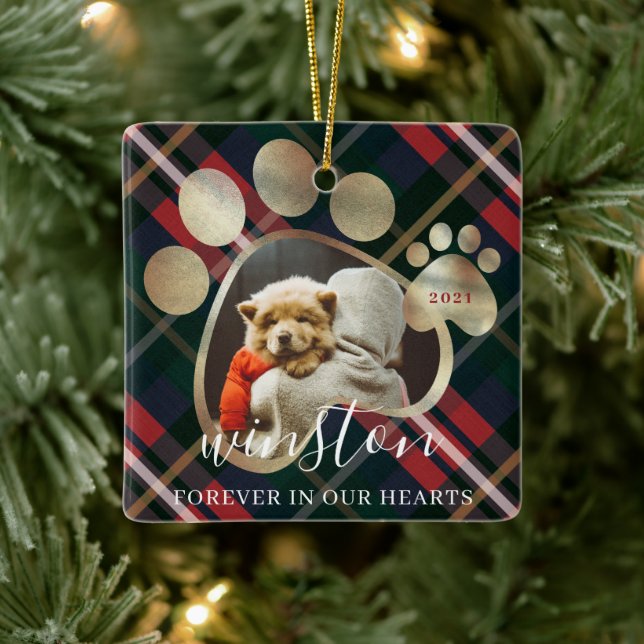 Paw Print Pet Photo Red Plaid Pet Name Memorial Ceramic Ornament (Tree)