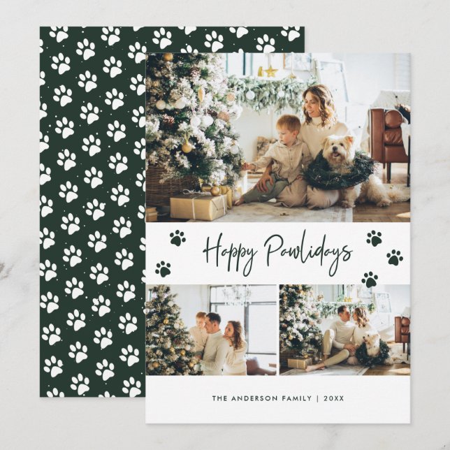 Paw Print Photo Collage Happy Pawlidays Green Pet Holiday Card (Front/Back)