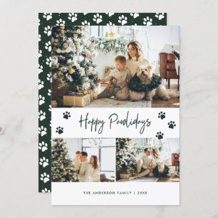 Paw Print Photo Collage Happy Pawlidays Green Pet Holiday Card