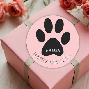 Paw Print Pink Happy Birthday Sticker with Name