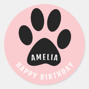 Paw Print Pink Happy Birthday Sticker with Name