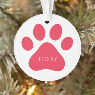 Paw Print Red Pet NAME PHOTO Red White Woof Meow Ornament