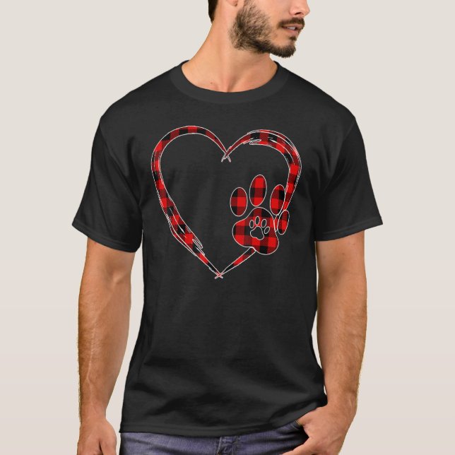 Paw Print Red Plaid Heart Funny Valentines Day Dog T-Shirt (Front)