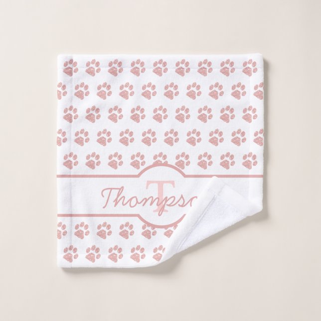 Paw Print Rose Gold Glitter Monogram Cat Dog Paw Wash Cloth (Wash Cloth)