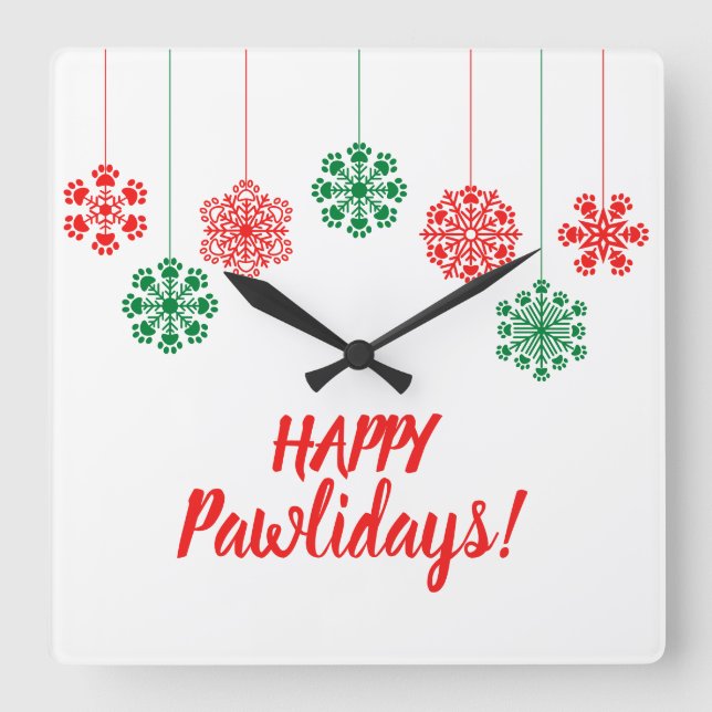 Paw print snowflakes in red and green colour square wall clock (Front)