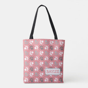 Paw Print Tile Pattern Pink with Name Tote Bag